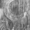 Detailed pencil drawing filled with people being pulled into a swirling vortex