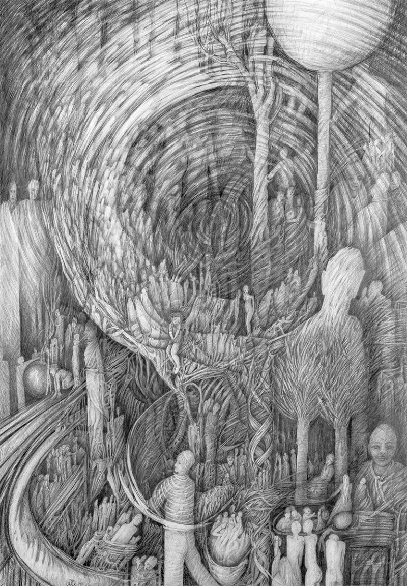 Detailed pencil drawing filled with people being pulled into a swirling vortex