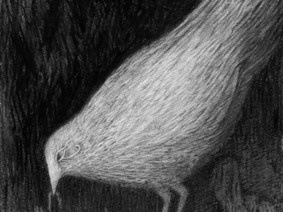 Large bird preying on people dancing in a barren landscape