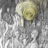 Highly detailed pencil drawing filled with many strange people waiting around in front of a vortex