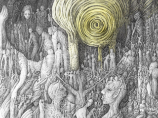 Highly detailed pencil drawing filled with many strange people waiting around in front of a vortex